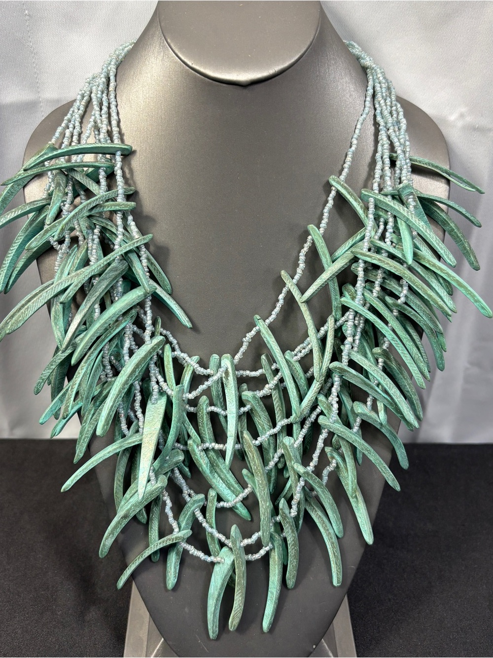 Teal Green Coconut Coir Spike Layered Bib Necklace Tribal Boho Festival Beachy